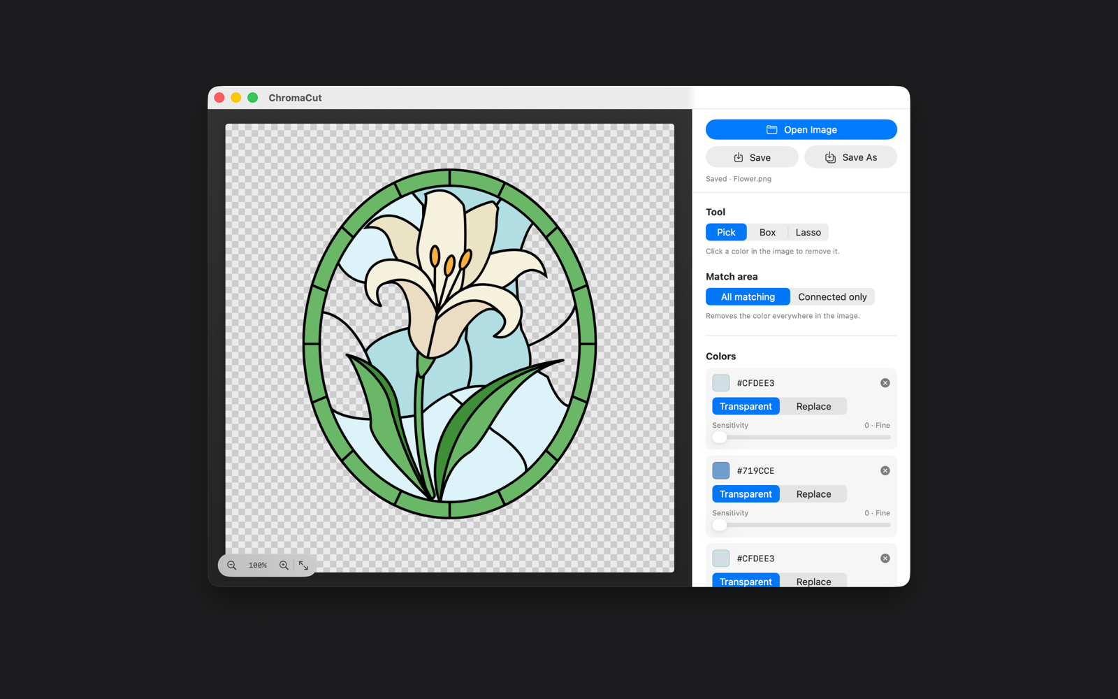 ChromaCut's inspector showing per-color transparent and replace controls with a sensitivity slider