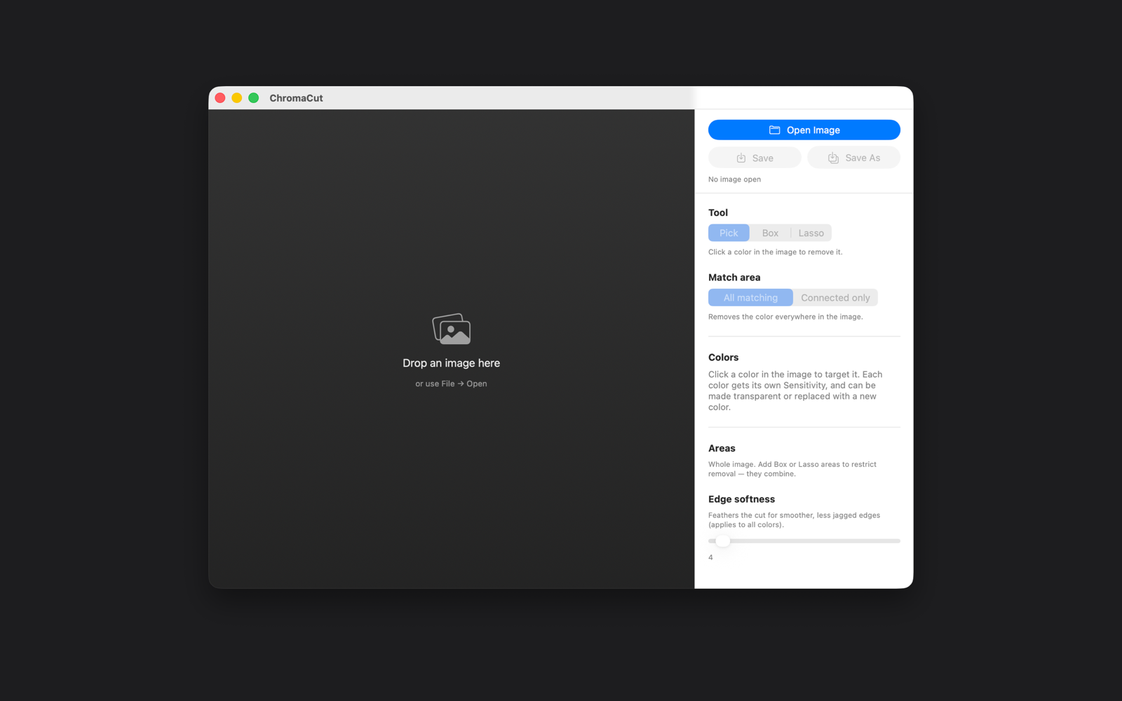 The ChromaCut welcome screen ready to open an image