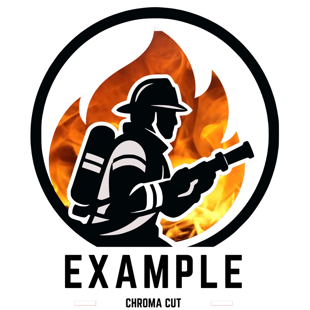 The firefighter cutout composited onto a new background of real flames