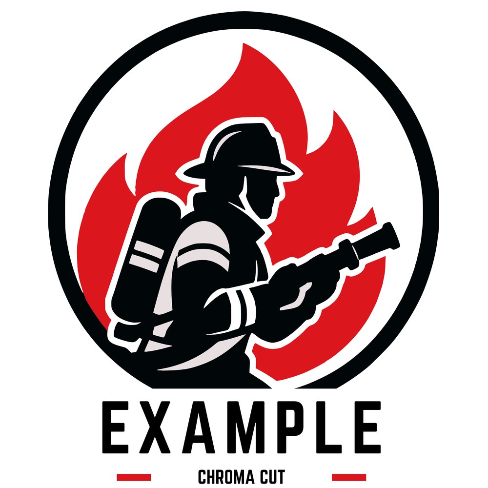 Firefighter badge logo on a solid red background
